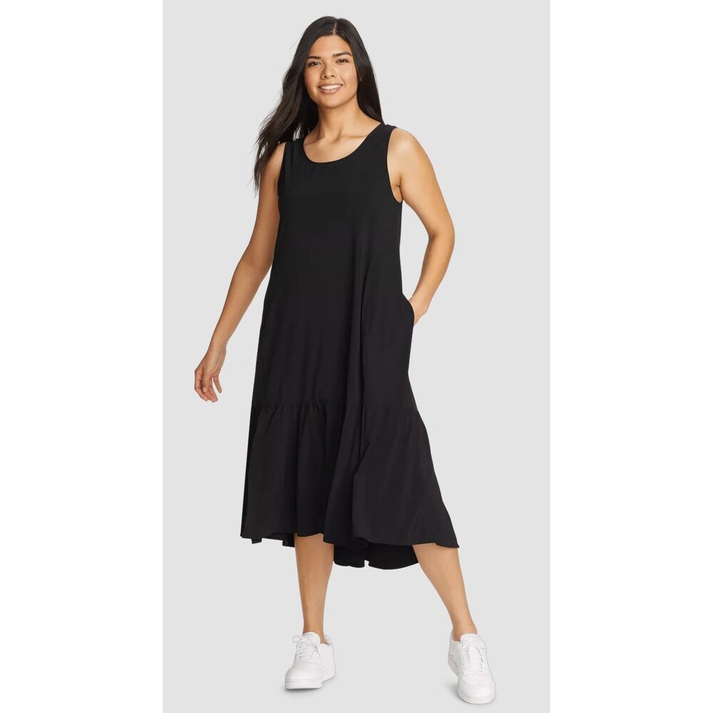 Eddie Bauer Black Trapeze Departure Midi Dress XL Sleeveless Ruffle Flowy Travel